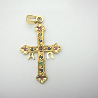 Cruz oro Victoria con rubís, zafiros y esmeraldas